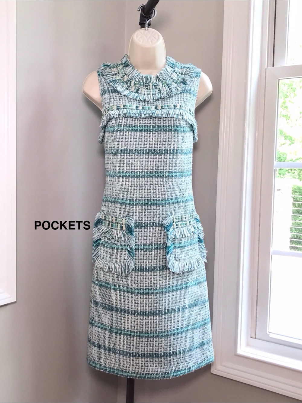 Tory Burch Curtis Teal Green Tweed Sheath Dress Fringe Pockets ~ Women’s 6 EUC